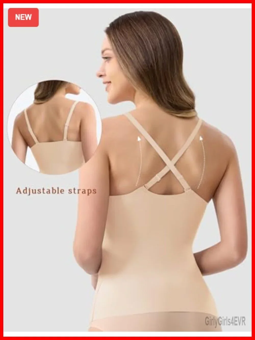 Seamless Camisole Tank Top with Built-in Bra V-Neck Adjustable Straps Spaghetti